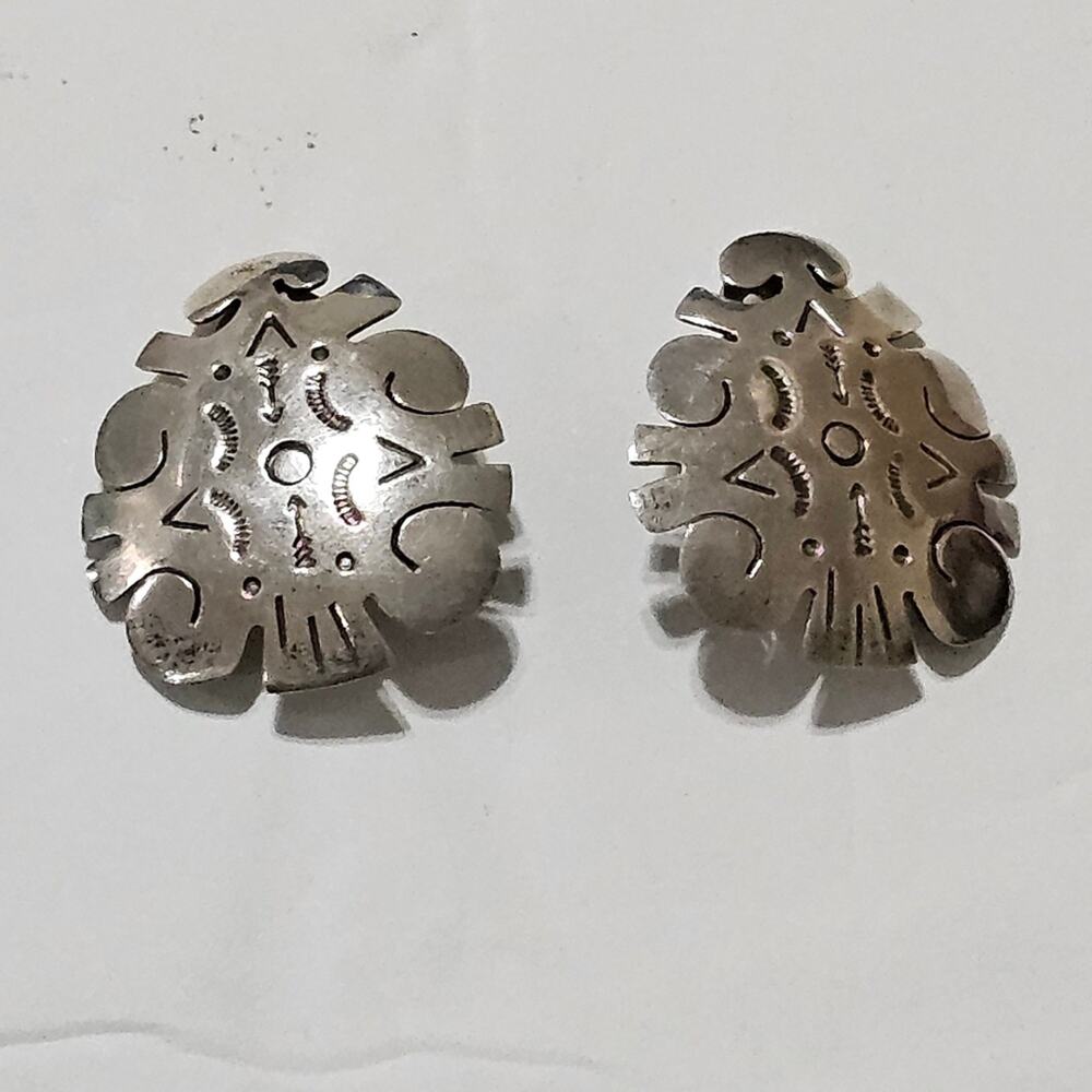 Silver Tribal Aztec Cutout Clip Earrings